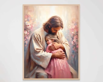 Sacred Connection, Christian Wall Art, Jesus Hugging Girl, Jesus Art, LDS Art, Bible Wall Art, Jesus with Children Art, Jesus and Kids PNG