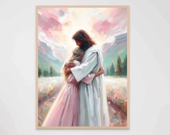 Calming Embrace, Modern Christian Art, Jesus Hugs Girl, Jesus and Woman, Digital LDS Art, Bible Verse Wall Art, Jesus Prints, Christian PNG