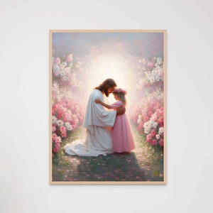 Su lugar seguro, pintura cristiana, arte de Jesús con niños, imagen de Jesús y una niña, arte SUD, arte mural bíblico, arte cristiano imprimible