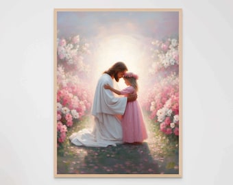 Su lugar seguro, pintura cristiana, arte de Jesús con niños, imagen de Jesús y una niña, arte SUD, arte mural bíblico, arte cristiano imprimible