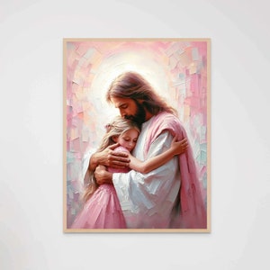 Abrazo cálido, arte cristiano moderno, Jesús y niña, pintura de Jesús, arte mormón, arte mural con versículos bíblicos, Jesús abrazando a niña, arte de Jesús y niños
