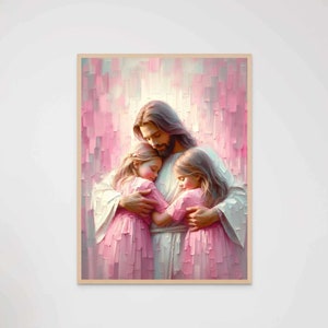 Liefde voor Jezus, christelijk schilderij, Jezus knuffelt meisjes, afbeelding van Christus, LDS-kunst, bijbelmuurkunst, Jezus met kinderen, Jezus en meisjekunst