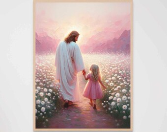 Follow Your Savior, Christian Prints, Jesus with Girl Art, Christian Picture, Nursery Children Art, Bible Prints, Jesus Art, Bible Sketches
