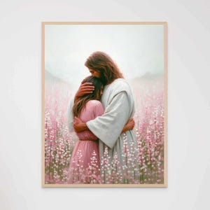 Omhelzing van het licht, christelijke prenten, Jezus knuffelt vrouw, Jezus foto, Jezus met meisje, Bijbelkunst, Jezus kunst aan de muur, christelijke muur kunst print