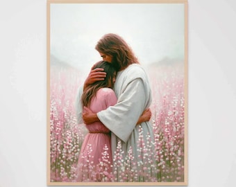 Embrace of Light, Christian Prints, Jesus Hugging Woman, Jesus Picture, Jesus with Girl, Bible Art, Jesus Wall Art, Christian Wall Art Print