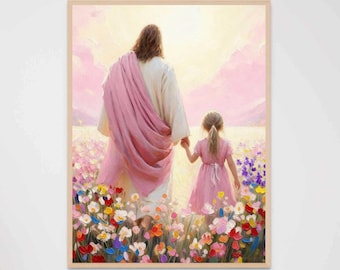 Together with Him, Christian Wall Art, Jesus with Girl, Jesus Art, LDS Painting, Bible Verse Wall Art, Christ with Children, Christian Art
