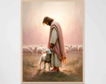 Liebe des Hirten, Moderne christliche Kunst, Jesus und Lamm, Bild von Christus, Jesus der Hirte Kunst, Bibel Wandkunst, Jesus Kunstdrucke