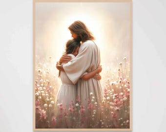 Your Safe Haven, Modern Christian Art, Jesus Hugging Woman, Jesus Art, Bible Art, Jesus Heals a Woman, Jesus Watercolor, Jesus Printable Art