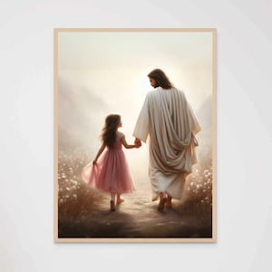 Follow Jesus, Modern Christian Art, Jesus Walking with Girl, Picture of Christ, LDS Art, Bible Painting, Jesus with Children, Jesus Prints