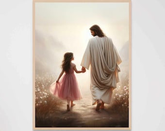 Följ Jesus, Modern kristen konst, Jesus går med flicka, Bild av Kristus, Mormons dag-dag-konst, Bibelmålning, Jesus med barn, Jesustryck