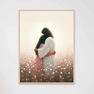 Verlosser met meisje, christelijke kunst, Jezus geneest een vrouw, afbeelding van Jezus, LDS-kunst, bijbelprenten, Jezus met meisje, Jezus schilderij, Jezusposter