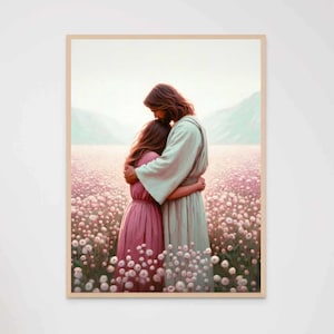 Faith and Light, Christian Prints, Jesus Hugging Woman, Picture of Jesus, Jesus with Girl, Bible Painting, Religious Wall Art, Christian Art