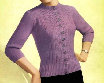 Vintage Ladies Cardigan Bust 38"-44" (with three-quarter or long sleeves), DK, Knitting Pattern, 50s (PDF) Pattern, Robin 474