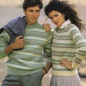 Vintage His and Hers Men&#39;s and Women&#39;s Fair Isle Sweater Jumper, DK, Knitting Pattern 80s (PDF) Jaeger 4960