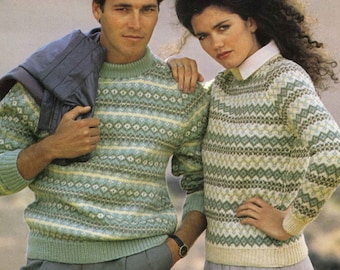 Vintage His and Hers Men's and Women's Fair Isle Sweater Jumper, DK, Knitting Pattern 80s (PDF) Jaeger 4960