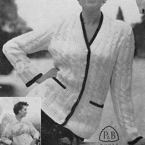 Vintage Ladies V-Necked Cardigan, Big Ribbed Collar Cardigan, 34&quot;-36&quot; Bust, DK, Knitting Pattern 50s (PDF) P&B 254