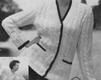 Vintage Damen-Strickjacke, Strickmuster, gerippter Kragen, 90-92 cm Brustumfang (PDF)