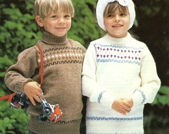 Vintage Children's Boy / Girl Crew and Polo Neck, Fair Isle Sweater / Jumper, 24"-30" Chest, DK, Knitting Pattern, 80s (PDF) Patons 7262