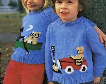 Vintage Children Sweater / Jumper with Motif, 20"-26" Chest, DK, Knitting Pattern 80s (PDF) King Cole 381
