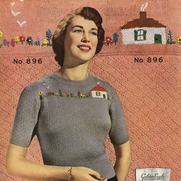 Vintage Ladies Jumper "Dream Cottage", 34" Bust, 3ply, Knitting Pattern, 50s (PDF) Golden Eagle 896