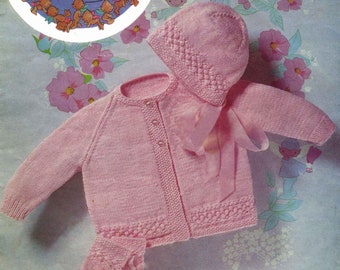 Vintage Baby Coat / Cardigan, Bonnet and Bootees, 18"/20" Chest, DK, Knitting Pattern, 70s (PDF) Wendy 54