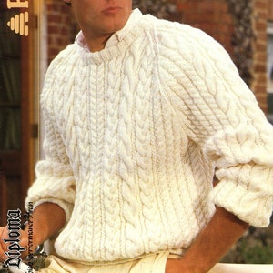 Vintage Men's Cable Sweater, 34"-44" Chest, Aran, Knitting Pattern, 80s (PDF) Patons 8148