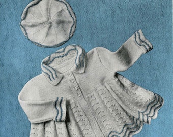 Vintage Baby Matinee Coat / Cardigan and Cap, 22" Chest, 3ply, Knitting Pattern 50s (PDF) Golden Eagle 873