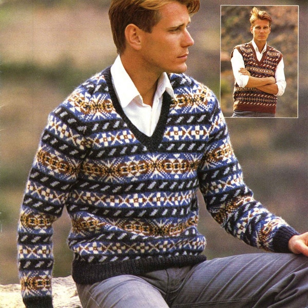 Vintage Mens Fair Isle Jumper & Sleeveless Sweater / Slipover, 38"-44" Chest, DK, Knitting Pattern 80s (PDF) Patons 7261