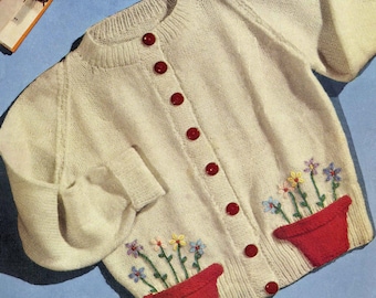 Vintage "Flower Pot" Girls Cardigan, 2-6 years, 3ply, Knitting Pattern 50s (PDF) Marriner 367