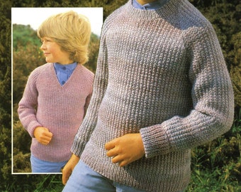 Vintage Boys or Girls Sweater / Jumper in V and Round Neck, 24"-34" Chest, DK, Knitting Pattern 80s (PDF) Sirdar 4417