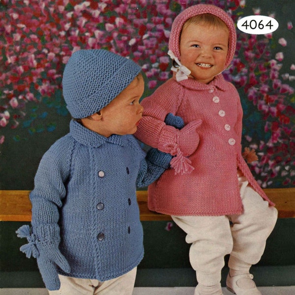 vintage Bébé / Tout-petit, Manteau filles et garçons, Bonnet et mitaines, Poitrine 21"-24", DK, Modèle de tricot des années 70 (PDF) Ladyship 4064