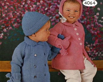 Vintage Baby / Toddler, Girls and Boys Coat, Bonnet and Mittens, 21"-24" Chest, DK, Knitting Pattern 70s (PDF) Ladyship 4064