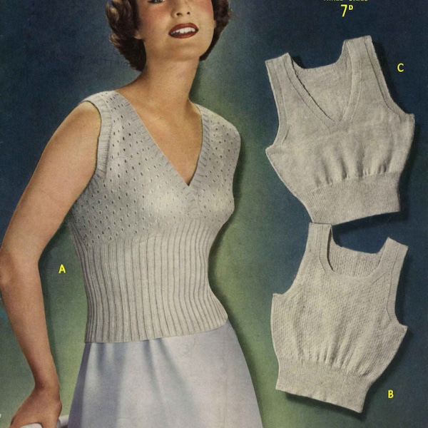 Vintage Ladies Vests in 3 Sizes and 3 Styles, 32"-40", 2ply, Knitting Pattern, 50s (PDF) Sirdar 7462