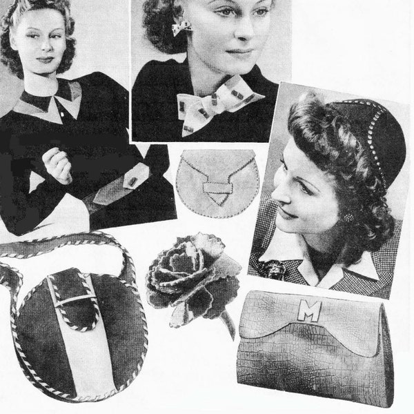 vintage Ladies Leather Accessories Pattern, Belt, Collar, Bow, Boucles d'oreilles, Cap, Purse, Bag, Carnation Flower Corsage, 40s (PDF) Bestway 1137