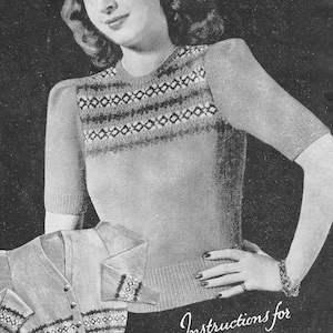Vintage Ladies Fair Isle Jumper, 35&quot; Bust, 3ply, Knitting Pattern, 40s (PDF Pattern) Bestway 1655