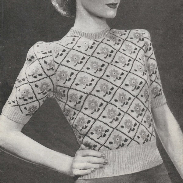 Vintage Ladies Fair Isle Jumper, 35" Bust, 3ply, Knitting Pattern, 40s (PDF Pattern) Bestway 1438