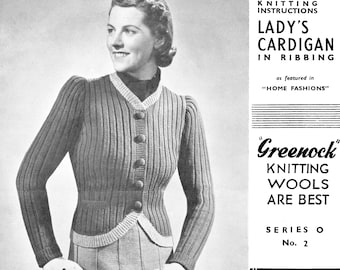 Vintage Ladies Ribbed Cardigan, 32" Bust, 4ply, Knitting Pattern, 40s (PDF) Greenock 2