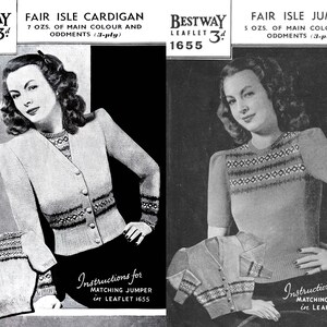 Vintage 40s Fair Isle Cardigan & Jumper Knitting Pattern (35" Bust) (PDF Pattern)