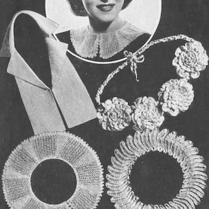 May include: Black and white image of vintage neckwear patterns. The image includes a woman's portrait, a collar, a floral necklace, and two circular neck pieces. Text reads "PRETTY NECKWEAR" and "Knitted and Crocheted in Thread Rayon Crochet."