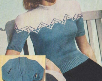 Vintage Ladies Two Colour Twin Set, Cardigan & Jumper, 33"-35" Bust, 4ply, Knitting Pattern 50s (PDF) Weldons 735