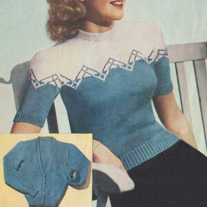 May include: A vintage knitting pattern featuring a woman wearing a blue and white knitted jumper with a geometric design. The pattern is titled "TWO-COLOUR TWIN SET" and includes instructions for using 10 ounces of blue yarn and 5 ounces of white yarn.