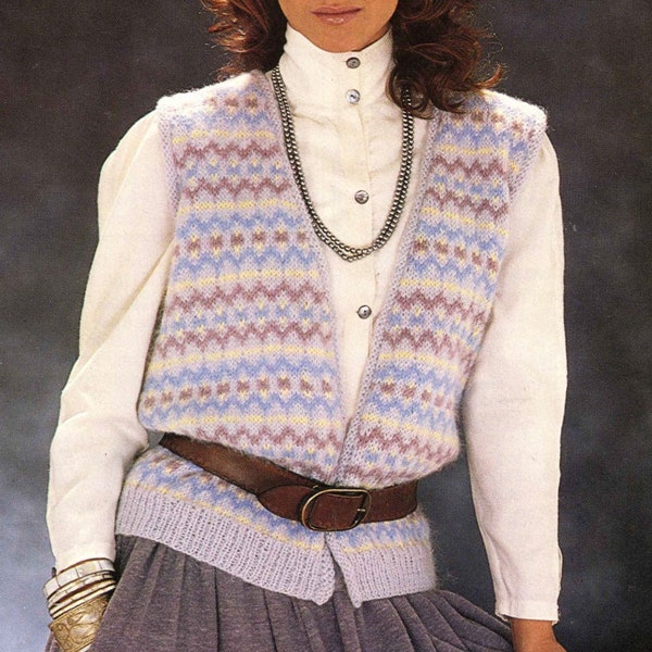 Vintage Ladies Fair Isle Waistcoat, 30"-40" Bust, DK, Knitting Pattern 80s (PDF) Patons 7156