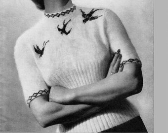 Vintage Ladies Jumper with Blue Bird Motif, 34" Bust, 3ply, Knitting Pattern 40s (PDF) P&B 345 (345A)