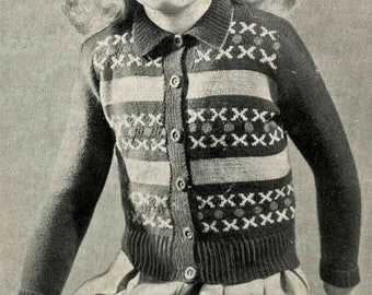 Vintage Girls Fair Isle Cardigan, 6-8 years, 29" Chest, 3ply, Knitting Pattern 40s (PDF) Bestway 1503