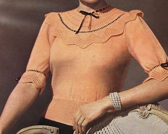 Vintage Ladies Jumper Knitting Pattern: 40s Lace Yoke (PDF)