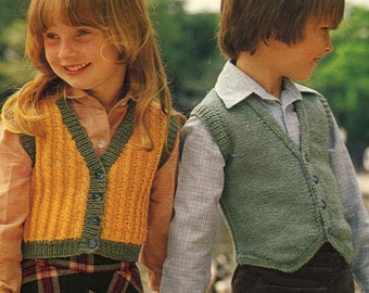 Vintage Children's Waistcoat in 2 Styles, DK, Knitting Pattern 70s (PDF) Patons 1696