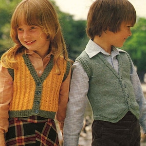 May include: Two children wearing knitted waistcoats. The girl is wearing a yellow and green waistcoat with a plaid skirt. The boy is wearing a green waistcoat. The image includes the text "PATONS D.K. 24-28 in 61-71 cm 1696 PRICE CODE B".