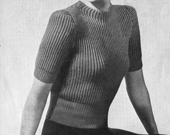 Vintage Ladies Ribbed Jumper, Long or Short Sleeves, 32"-34" Bust, 3ply, Knitting Pattern, 40s (PDF) Weldons 454