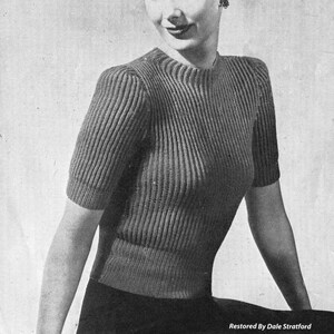 May include: A black and white vintage knitting pattern for a ribbed jumper. The pattern is from Weldons Leaflet No. 454 and calls for 6 or 8 ounces of 3-ply wool. The pattern includes instructions for long or short sleeves.