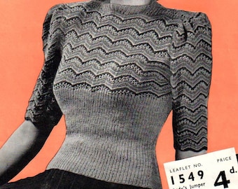 Vintage Ladies Jumper, 34" Bust, 2ply, Knitting Pattern, 40s (PDF Pattern) Copley 1549